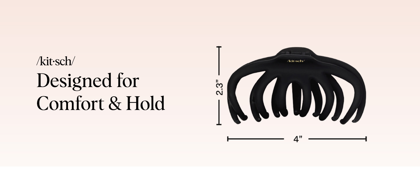Text reads 'Designed for Comfort &amp; Hold'. Product diagram showing a hair claw clip with measurements indicating 4-inch width. Black clip illustration shown from side and front views.