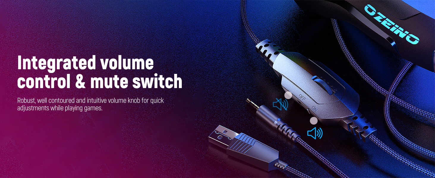 Close-up of audio cable connection featuring integrated volume control and mute switch, with blue illumination against purple background.