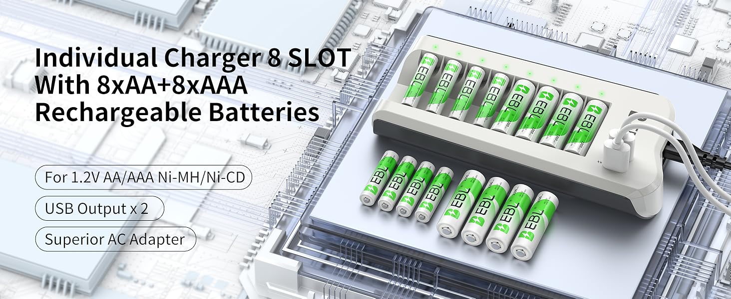 EBL AA 2300mAh (8 Pack) and AAA 1100mAh (8 Pack) Ni-MH Rechargeable Batteries
