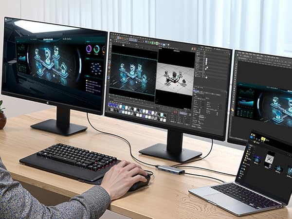 USB C Hub 3 Monitors Adapter with Dual HDMI VGA Type C to HDMI Converter