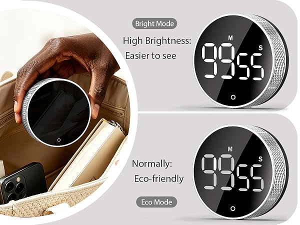 Text reads 'Night Mode: High Brightness: Easier to see' and 'Normally: Eco-friendly'. Two digital display modes of round smart timer/clock showing 09:55 time, comparing bright and energy-efficient viewing options.