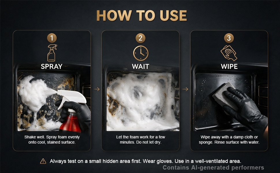 3-step use: spray, wait, wipe. Test first, use gloves and keep ventilated
