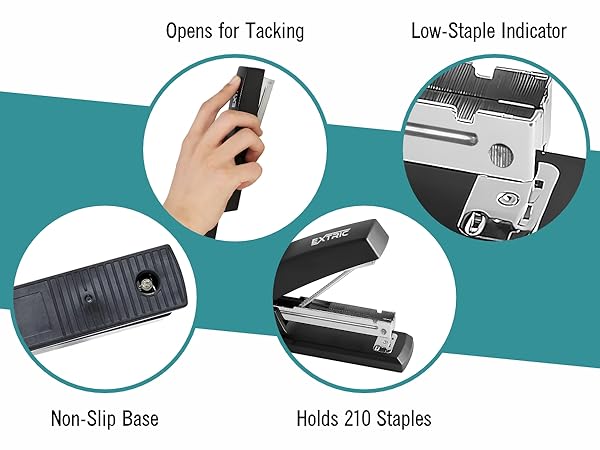 Standard Stapler with Non Slip Base, Opens for Tacking, Holds 210 Staples, Low Staple Indicator