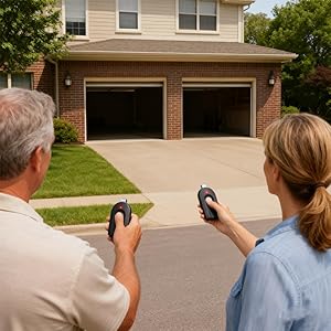A couple holds two RUNQUN remotes, pointing them at a two-car garage, ideal for multiple users.