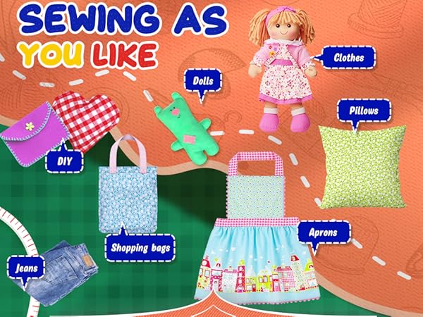The mini sewing machine can be used to make clothes, jeans, aprons, pillows, dolls, and more.