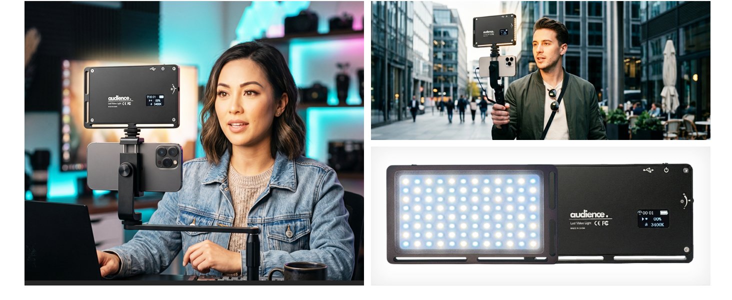 Portable LED panel light on phone tripod rig for content creators indoor outdoor vlogging