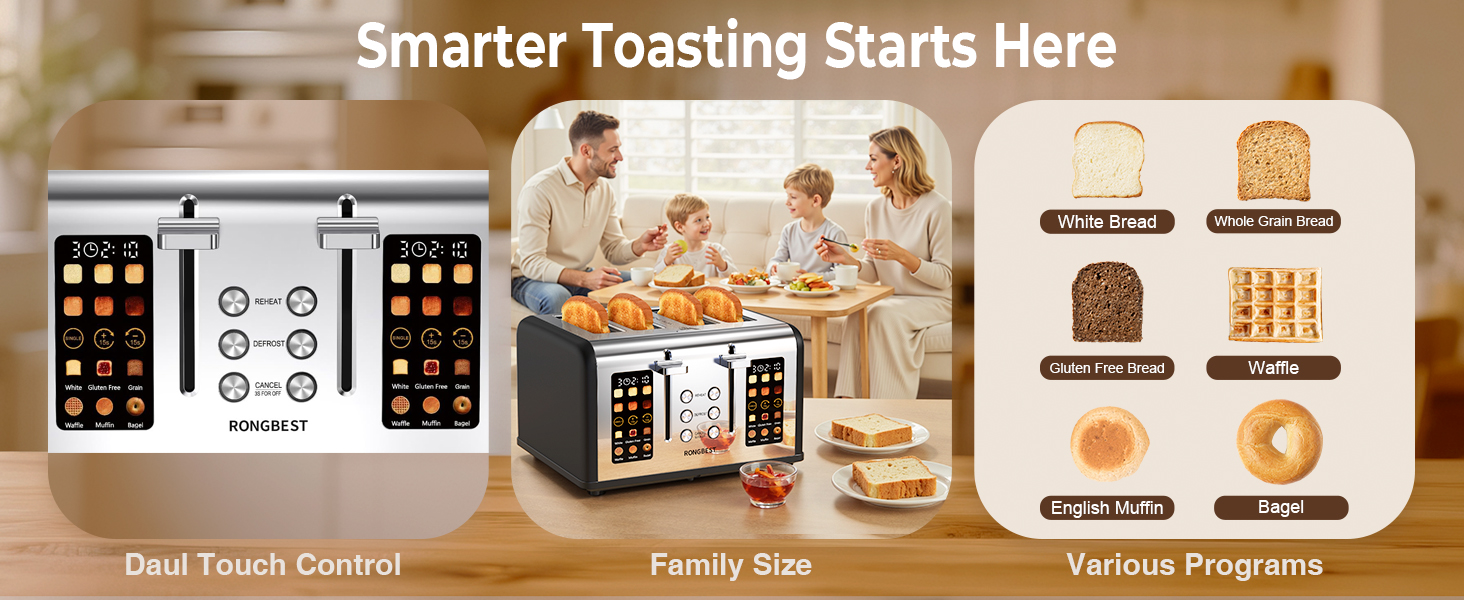 Black Touchscreen 4-slice toaster with 6 bread programs, dual control, ideal for family breakfasts.