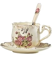YOLIFE Rose Cup and Saucer Set, 8 oz Ceramic Ivory Tea Cup Set with Spoon Vintage Floral Teacup G...