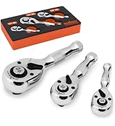 HORUSDY 3 Piece 90T Stubby Ratchet Handle Set, 1/4" 3/8" 1/2" Drive Mini Socket Wrench, Compact R...
