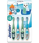 Jordan children's toothbrush set for ages 3-5. Four toothbrushes with soft bristles in green and blue, featuring cartoon animal designs. Packaged with illustrations of penguin and polar bear.