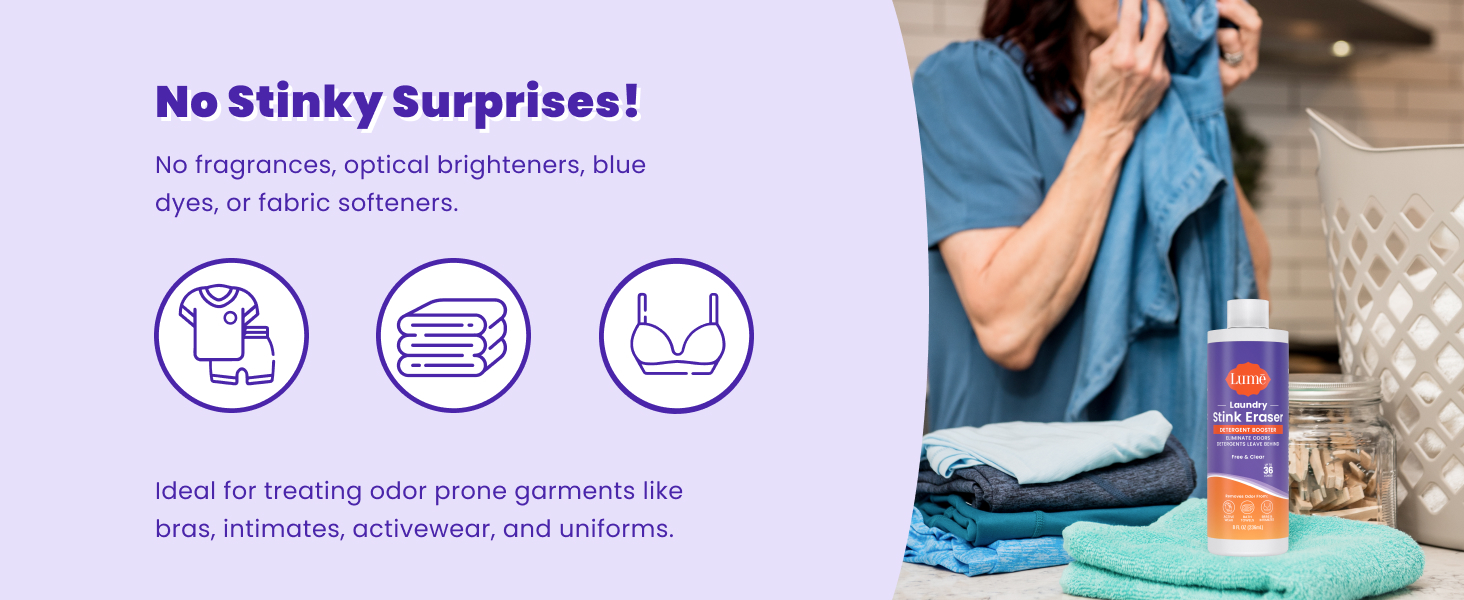 woman smelling laundry with icons calling out spcific garments