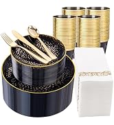 DaYammi 350PCS Clear Black and Gold Plastic Dinnerware Set for Party, Hammered Disposable Plates ...