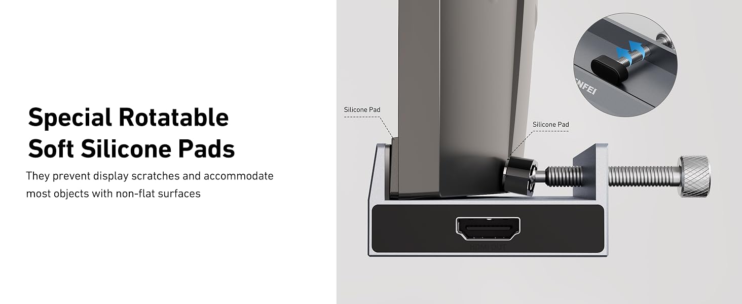 Technical product diagram showing rotatable silicone pads with mounting mechanism, including close-up detail of adjustment mechanism.
