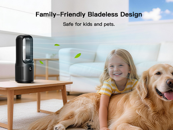 Child playing with dog at home – bladeless desk fan, family-friendly, safe for kids and pets.
