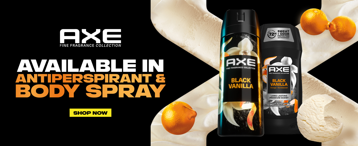Black Vanilla Antiperspirant Stick and Body Spray featured next to text, oranges and vanilla scoops.