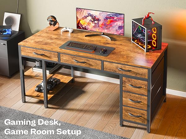 Desk with 6 Drawers, 47 Inch Office Desk with Shelves, Reversible Gaming Desk