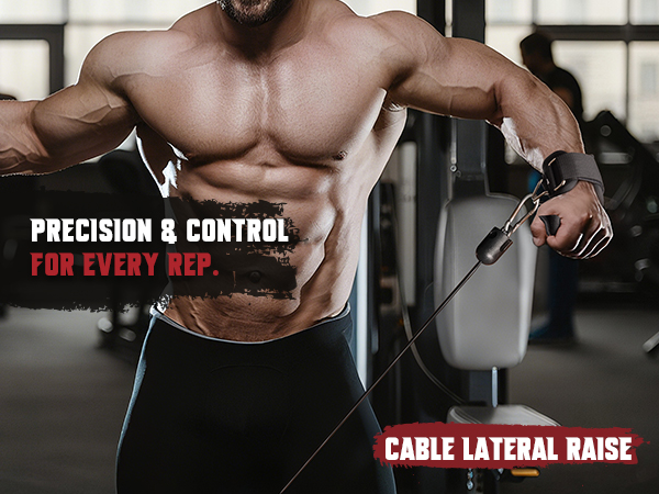 An athlete performs a cable lateral raise using the straps as secure wrist cuffs gym attachments.