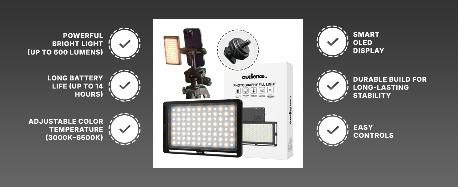 600 lumens LED fill light adjustable color temperature 3000K-6500K long battery OLED display