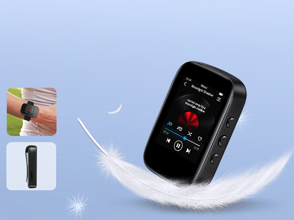 Portable music player with touchscreen display, shown floating on a feather against a blue background. Side panels show USB connection and hand interaction.