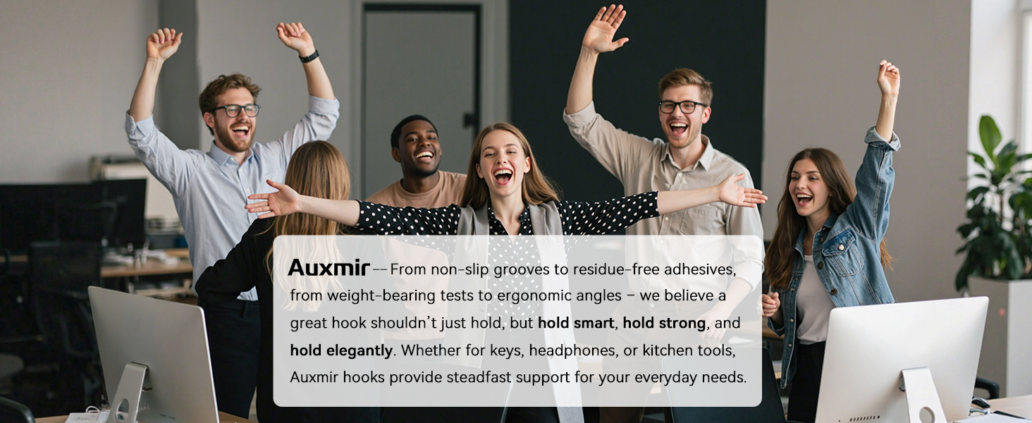 Auxmir brand philosophy: smart, strong, elegant wall hooks for keys, headphones, kitchen tools