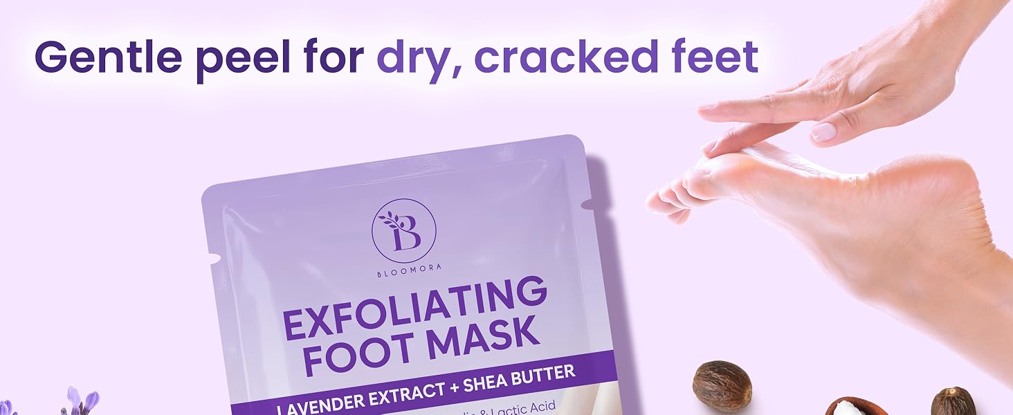 Text reads 'Gentle peel for dry, cracked feet' and 'EXFOLIATING FOOT MASK'. Purple exfoliating foot mask product shown with applicator demonstrating skin treatment use on heel area.