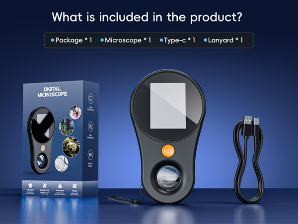 Microscope product package with handheld device featuring magnifying lens and orange button. Includes USB cable and lists package contents: microscope, Type-C, and lanyard.