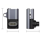 Two views of a small electronic device with a metallic gray body, black base, and four gold contact pins. Includes dimension indicators.