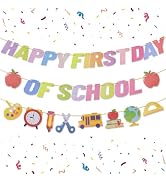 Pastel Happy First Day of School Banner, Boho Classroom Decor | Glittery Bulletin Board Decoratio...