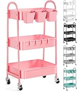 3 Tier Metal Rolling Cart with Lockable Wheels and Handle, Three Tiered Pink Trolley Cart on Whee...