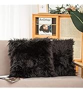 HYSEAS Set of 2 Decorative Faux Fur Throw Pillow Covers, Black Fluffy Soft Fuzzy Square Cushion C...