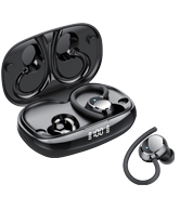 Wireless earbuds with ear hooks in a charging case. One earbud is outside the case, showing its curved design for secure fit.