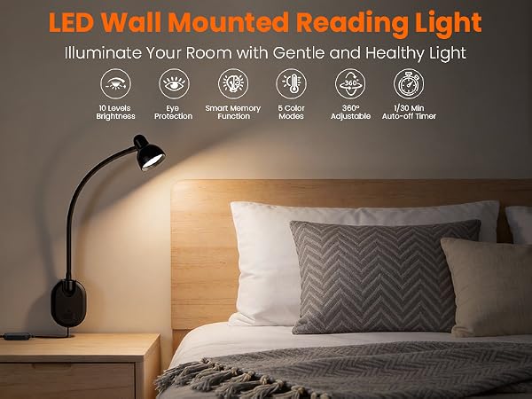 LED Wall Mounted Reading Light Book Light for Reading in Bed Wall Lamps for Bedside Reading Bedroom