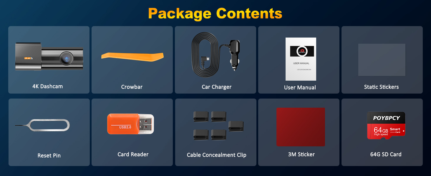 Package contents display showing various electronic accessories including cables, adapters, remote, and memory cards.