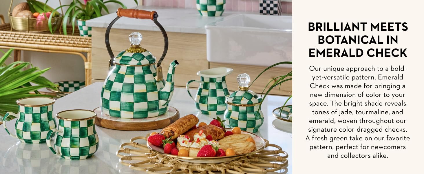 Brilliance meets botanical in Emerald Check, kitchen tea kettle and mugs.