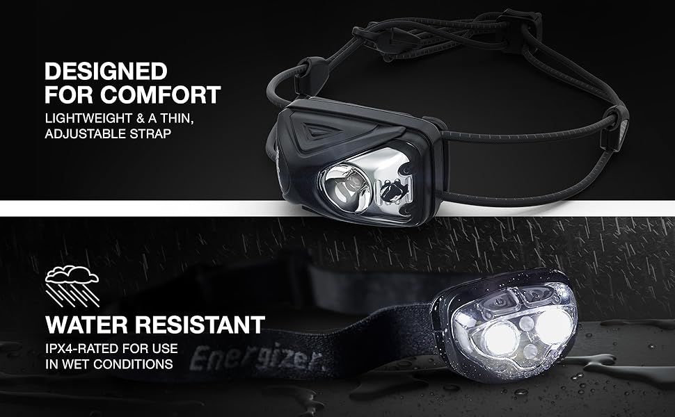 Energizer Headlamps are water resistant and comfortable