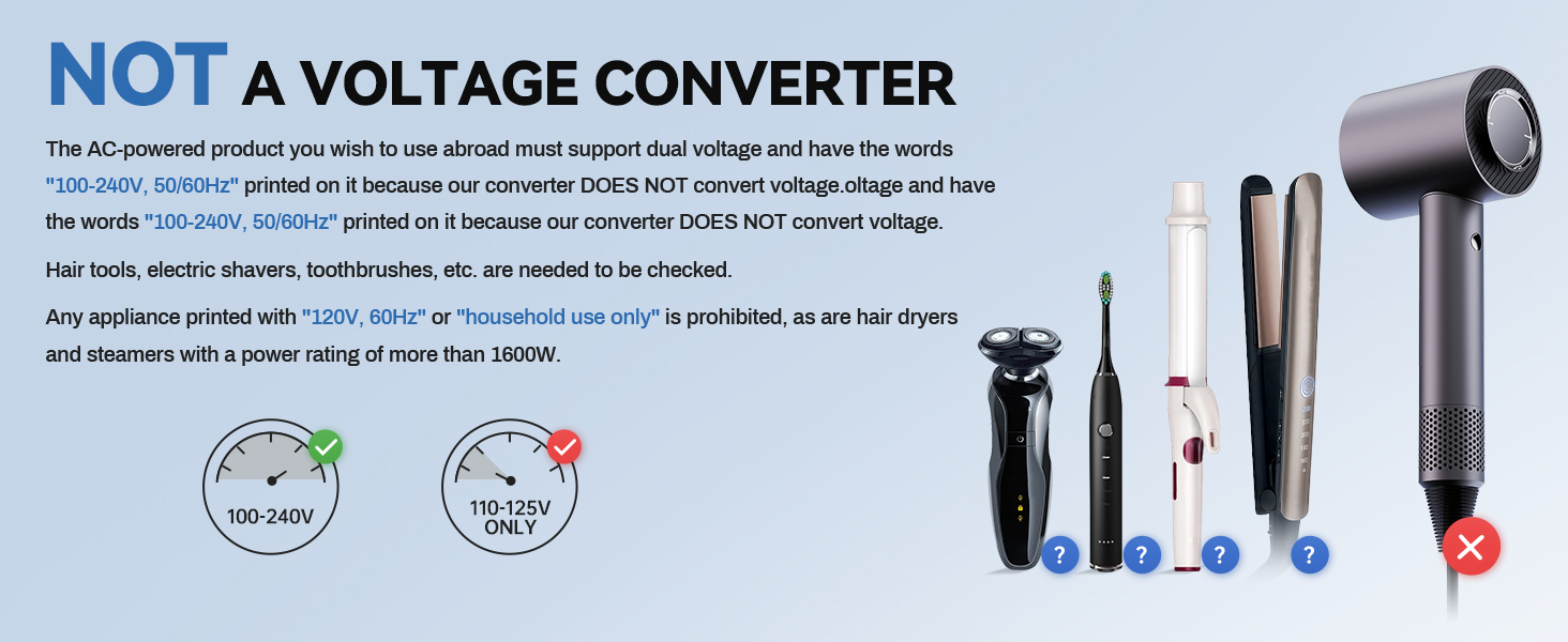 This international plug adapter does not convert voltage. Use with dual voltage (110-240V) devices