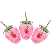 Healifty 3pcs Strawberry Shaped Plastic Drinking Cup With Leaf Lid Straw Cute Strawberry Pendant ...