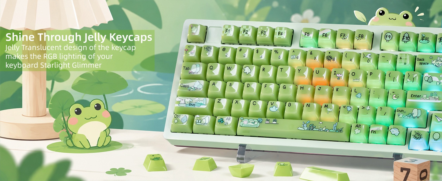 Jelly Green Frog Keycaps, Custom Clear Shine Through Keycaps, Cute Keycaps