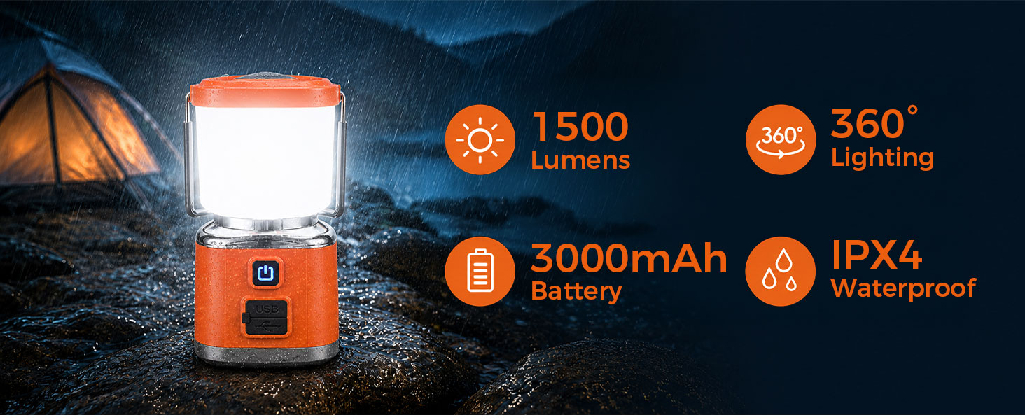 1500LM 360° Lighting IPX4 Waterproof LED Rechargeable Camping Lantern