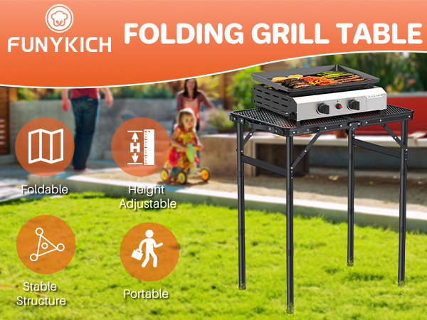 Funykich Folding Grill Table, portable and height-adjustable outdoor cooking station. Black metal frame with mesh top, shown with tabletop gas grill. Features foldable design and stable structure.