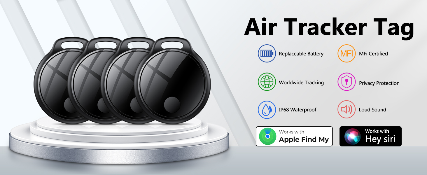 Text reads: 'Air Tracker Tag'. Product image shows five black tracking devices on white surface. App store badges and feature icons visible.