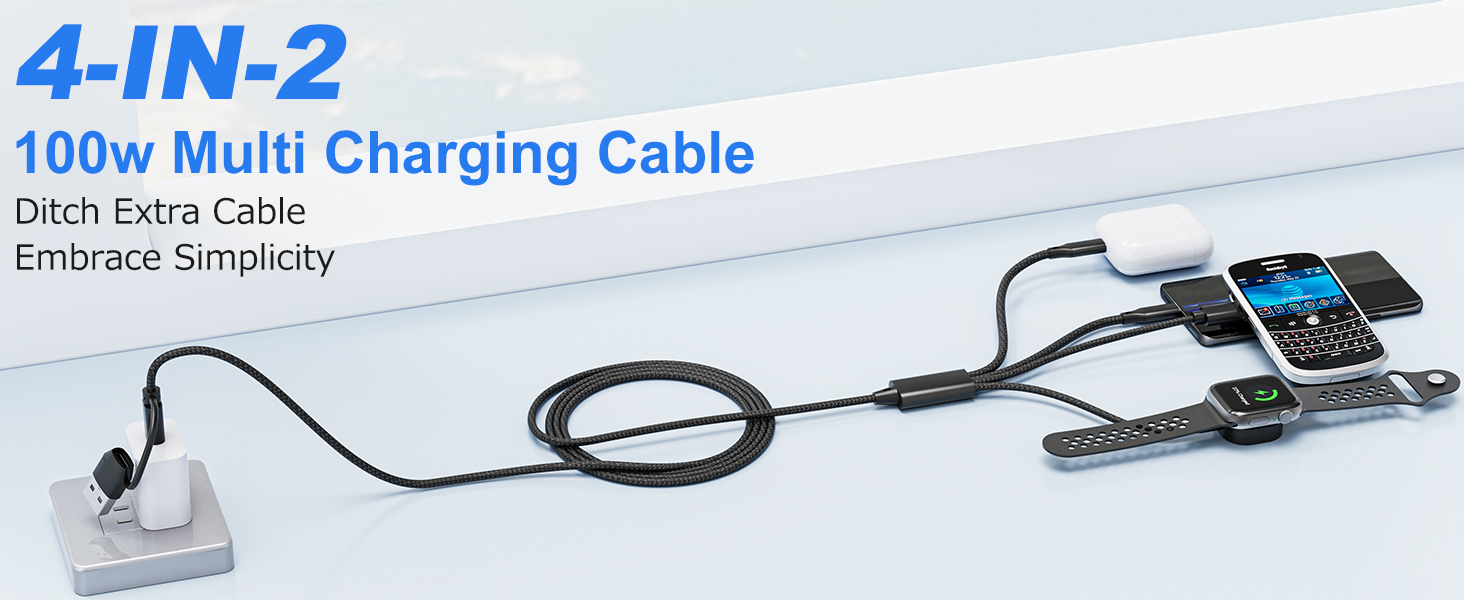 this a 4 in 1 multi charging cable for apple watch, usb c, lightning and mini b port device.