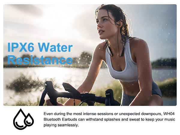 WH04 Sound Canceling Earbuds can withstand splashes and sweat to keep music playing seamlessly.