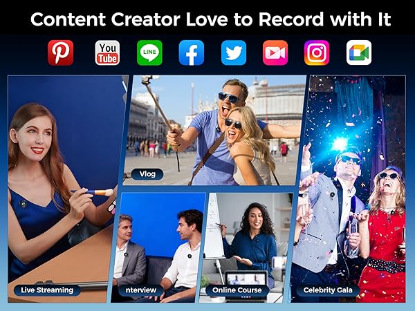 Text reads 'Content Creator Love to Record with It'. Collage showing various content creation scenarios with social media icons including Pinterest, YouTube, Line, Facebook, Twitter, Gmail, Instagram, and Google Photos.