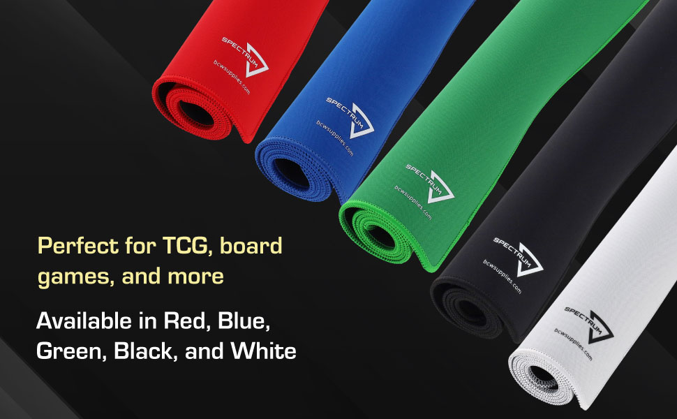 Rolled Spectrum Gaming Playmats displayed in red, blue, green, black, and white color options.