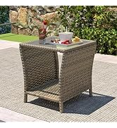 kinbor Small Patio Table - Tempered Glass Top Small Outdoor Wicker Side Table with Storage Shelf ...