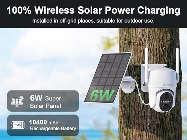Solar camera outdoor wireless receives sunlight and charges battery with solar panel