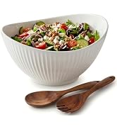 Hoilse 60oz Large Ceramic Salad Bowl with Acacia Wood Utensils, 10" Oval White Serving Bowl for S...