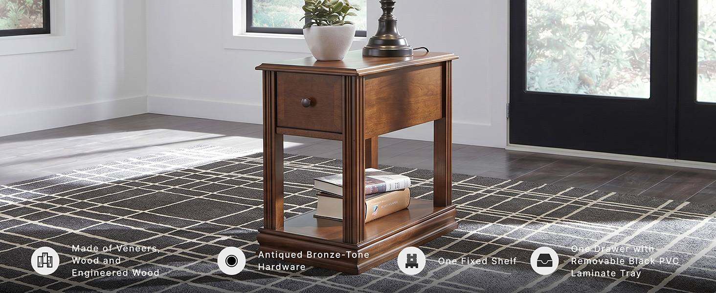 Isolated view of chairside end table with storage drawer in classic dark brown wood finish
