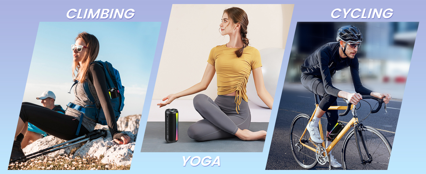 Text reads 'CLIMBING', 'CYCLING', 'YOGA'. Split panel showing various fitness activities including rock climbing, cycling, and yoga exercises.